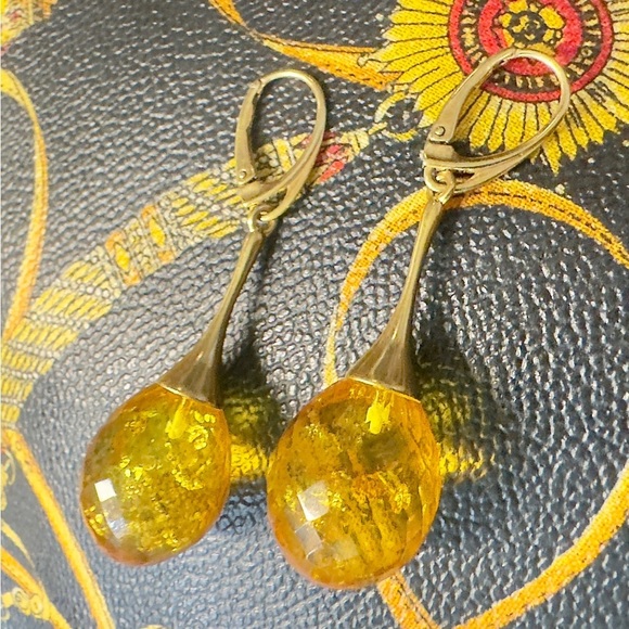 Genuine Faceted Honey Amber Gold/Sterling Dangle Earrings - Picture 13 of 13